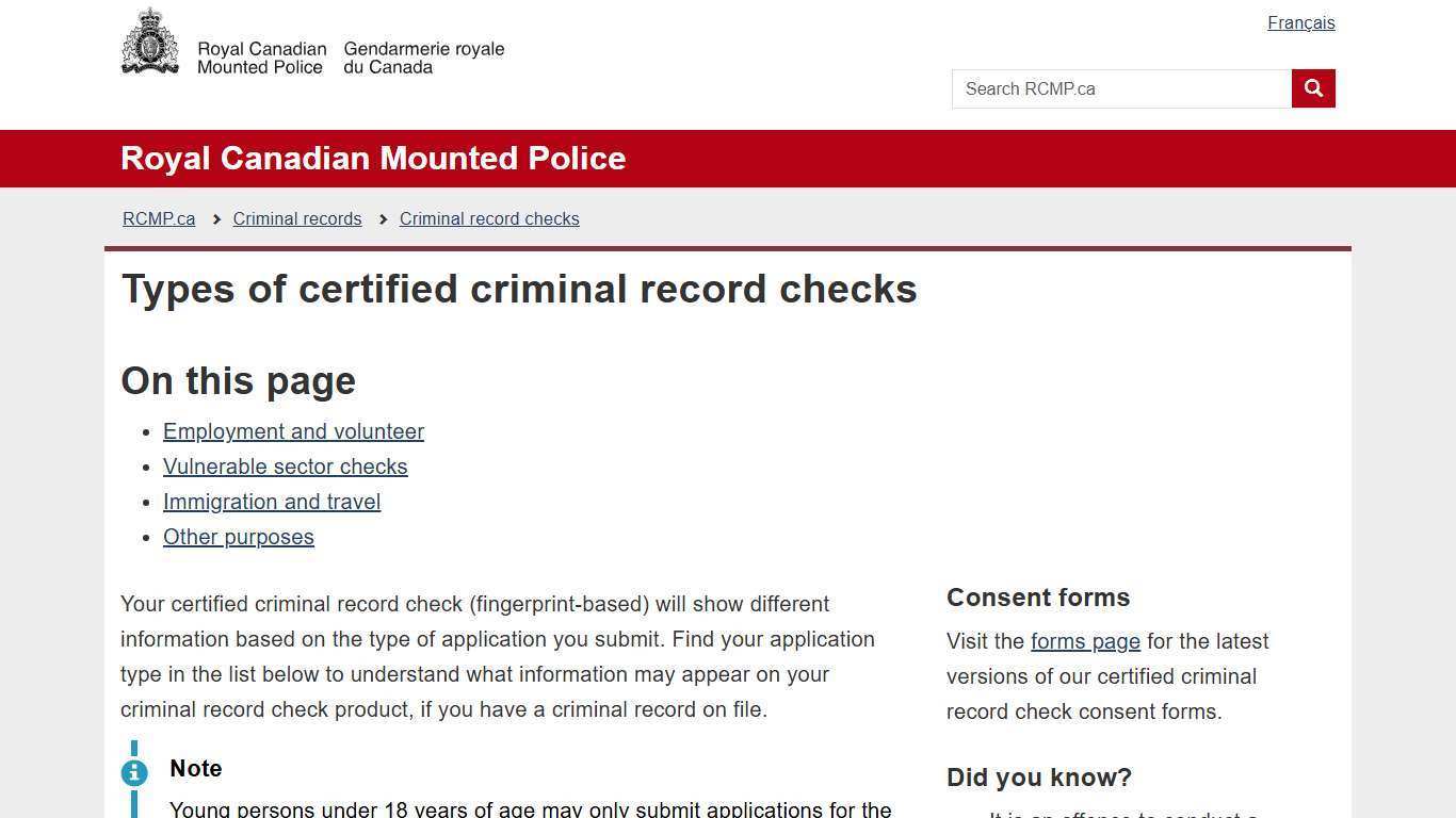 Types of certified criminal record checks | Royal Canadian Mounted Police